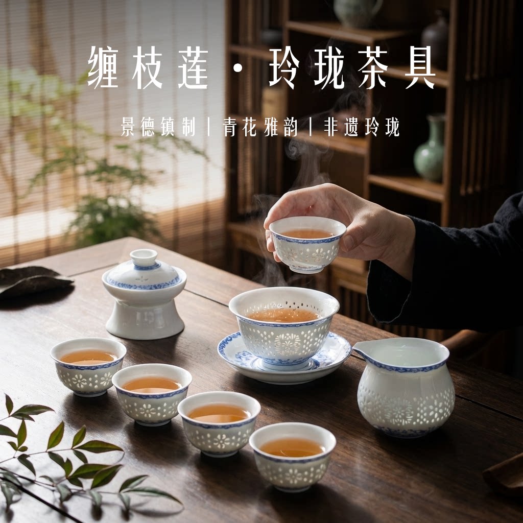景德镇三才玲珑盖碗高档茶具套装