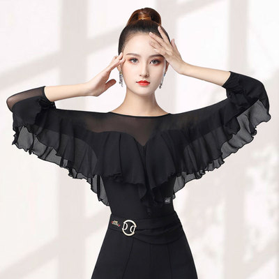 丹宝罗摩登舞上衣新款女黑色荷叶七分袖连体衣飘逸国标舞拉丁舞服