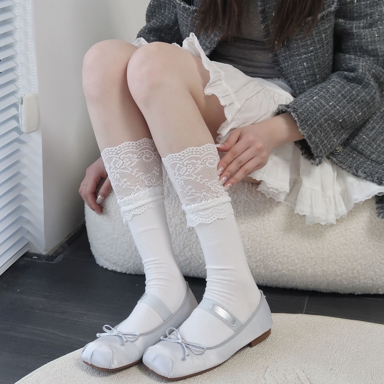 秋季袜拼接花边白配靴子个性文艺风靴袜美拉德子女