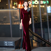 高端鱼尾喜婆婆婚礼裙主持裙 晚礼服女2026新款 丝绒长袖 婚宴妈妈装