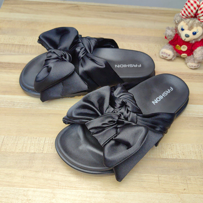 韩版蝴蝶结一字拖女外穿百搭平底防滑凉拖鞋黑色平跟韩版居家外穿