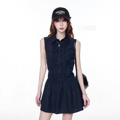 藏青色翻领无袖洋装2026夏季新款设计感辣妹风宽松显瘦a字短裙