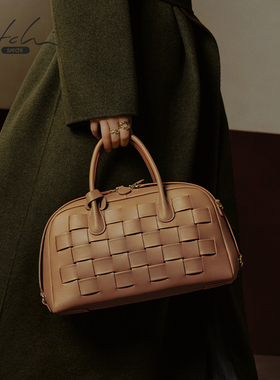 SATCHI/沙驰“漫游”系列编织波士顿枕头包女真皮斜挎单肩手提包