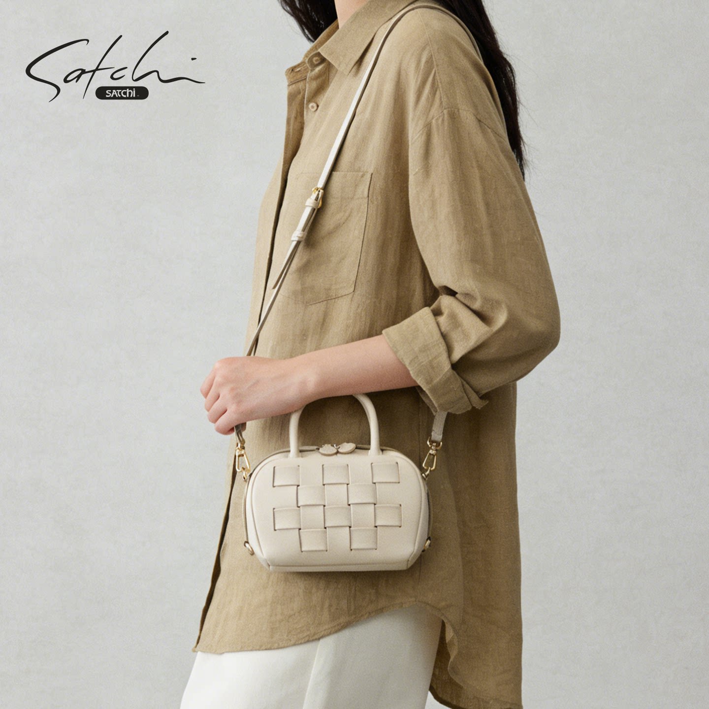 SATCHI/沙驰【漫游系列】编织保龄球包女真皮单肩斜挎手提包