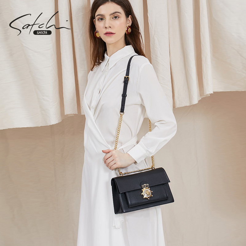 satchi/沙驰女包丹妮莉丝真皮小方包高级感真皮单肩包链条斜挎包