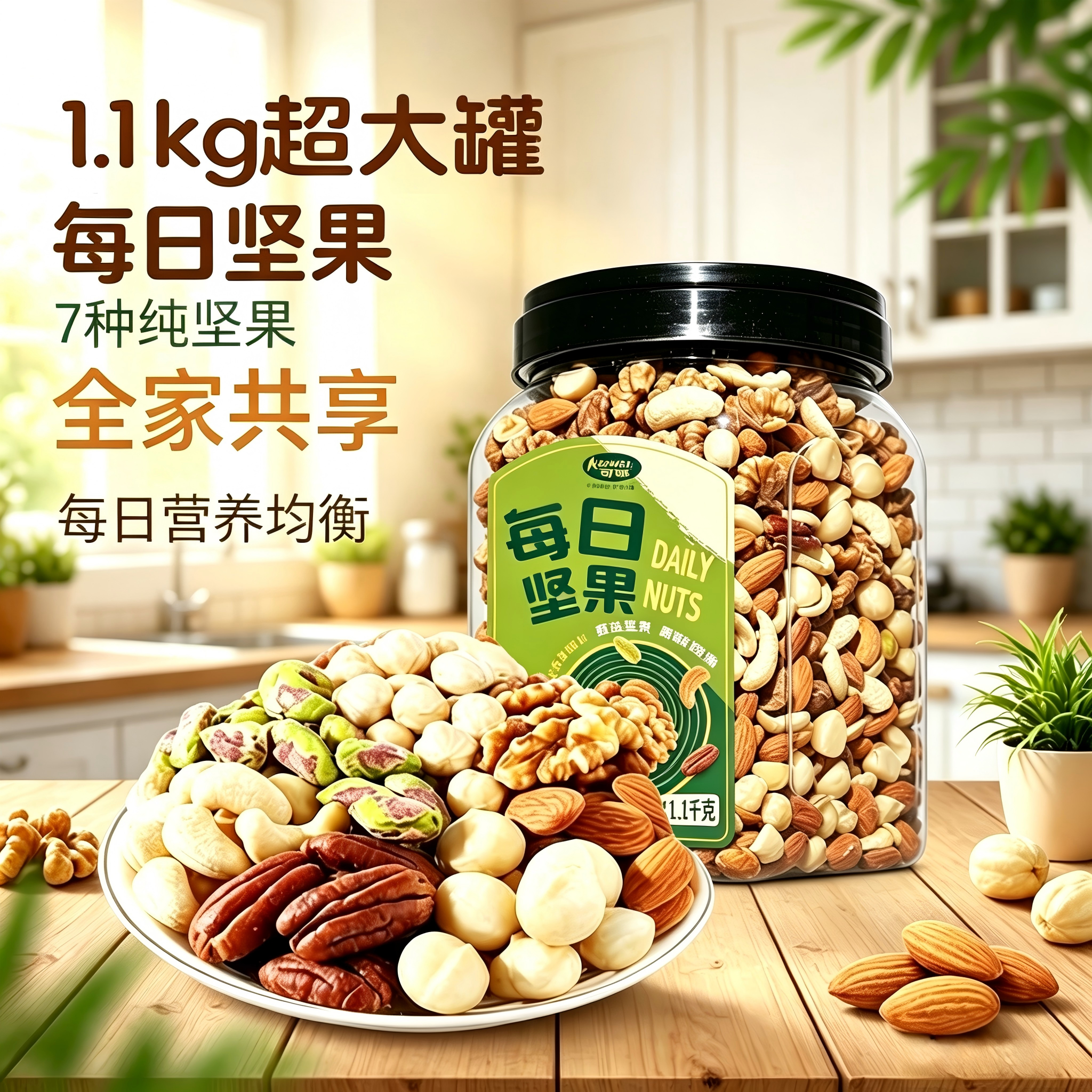 每日纯坚果1.1kg超大罐装健康早餐纯坚果仁干果仁孕妇休闲零食