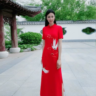 飞鹤立领刺绣女士旗袍连衣裙白鹤民族风改良旗袍日常新款 夏季 修身