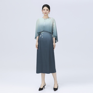 中国风夏季 仙女裙渐变色醋酸精致刺绣气质通勤收腰显瘦