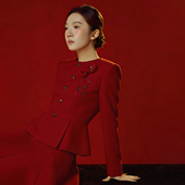 中式 精致刺绣显瘦气质长袖 立体花新年红修身 浒城古娘26新款 女套装