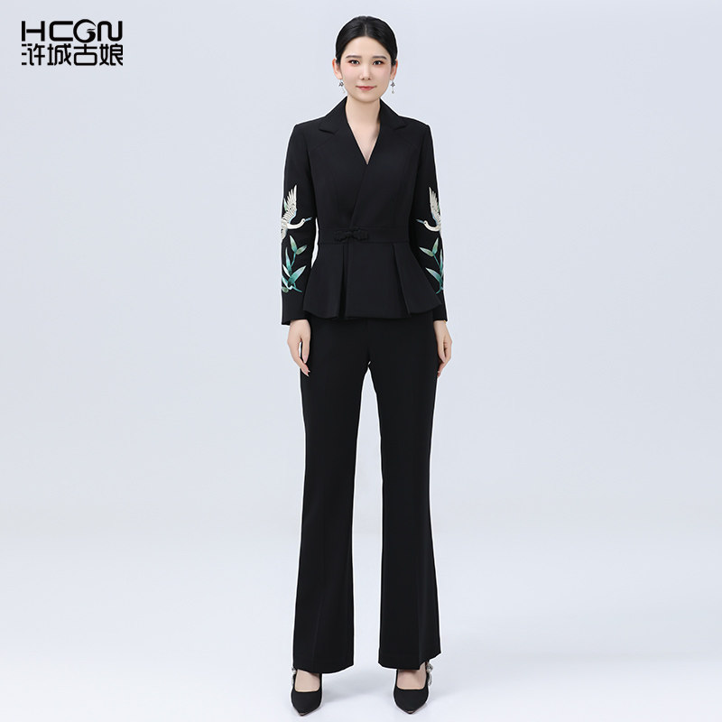 浒城古娘新款刺绣商务通勤长袖西服上衣新中式国风两件套装女春秋,女装/女士精品,时尚套装,淘宝优惠券,粉丝福利购,淘宝优惠卷