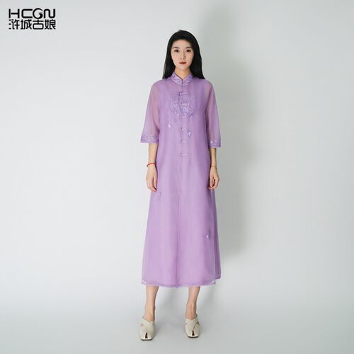 浒城古娘新款精致刺绣夏季仙气女士中长款清岚真丝绡连衣裙女夏季