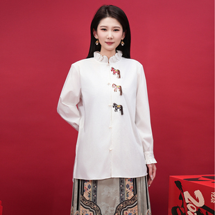 浒城古娘中式棉质刺绣花边白色长袖纯色百搭女士上衣马上发财衬衫