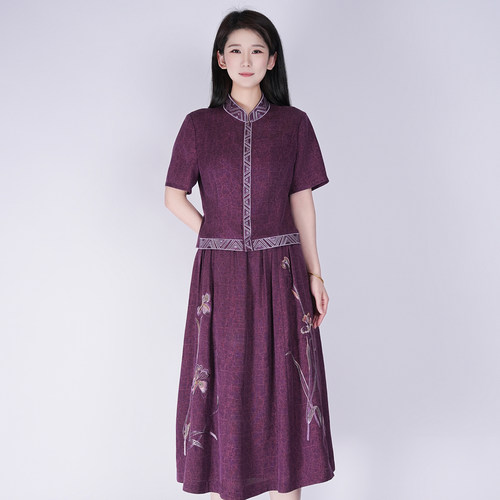 浒城古娘新款桑蚕丝提花刺绣立领通勤新中式国风香云纱套装女夏季