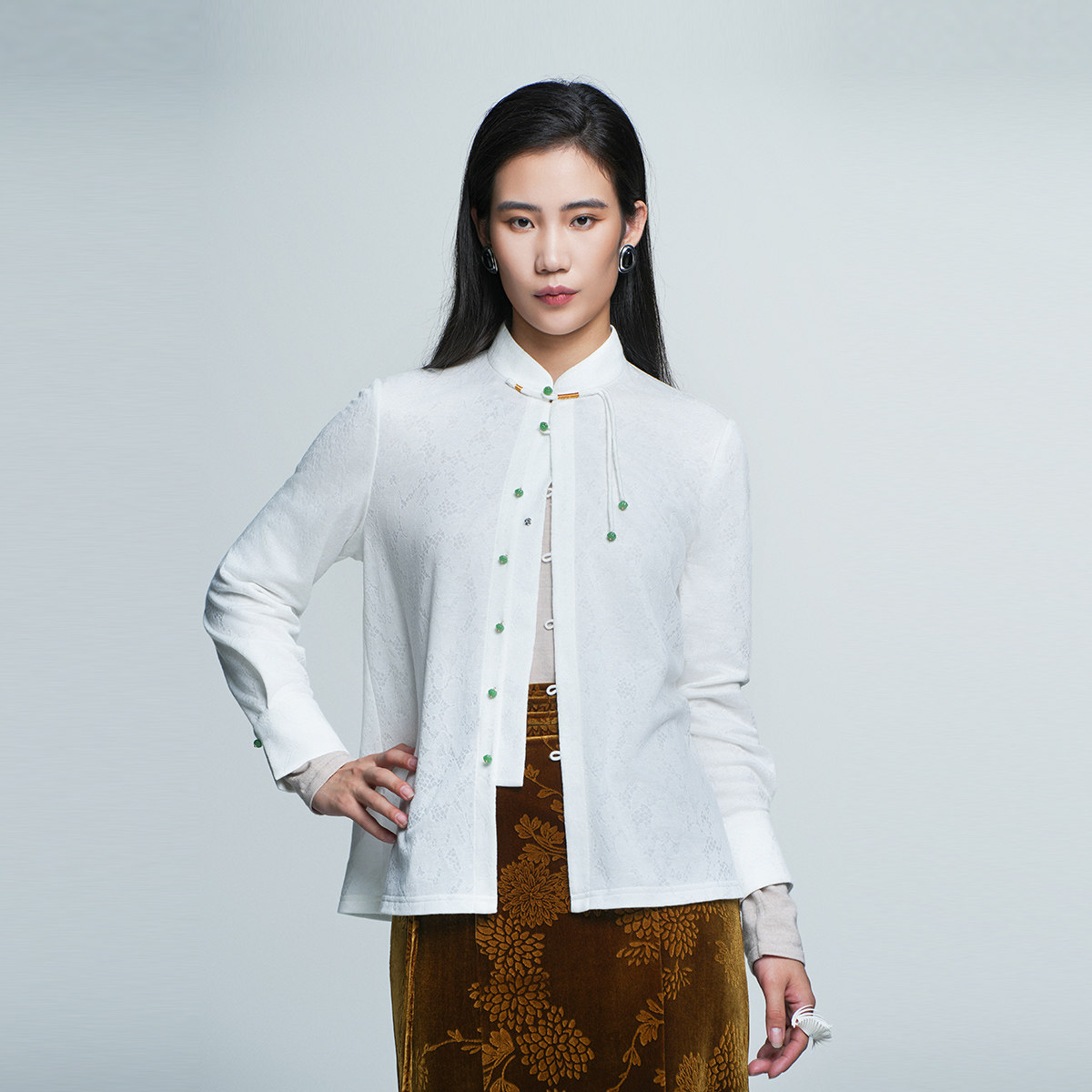 中国风羊毛百搭气质提花通勤衬衫