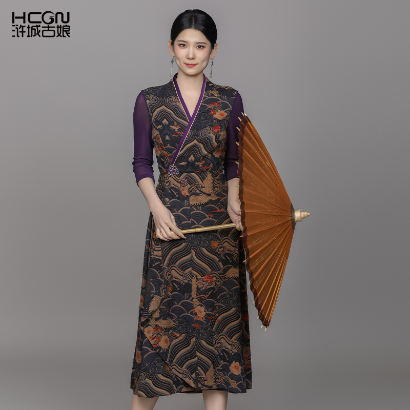 浒城古娘新中式香云纱气质连衣裙