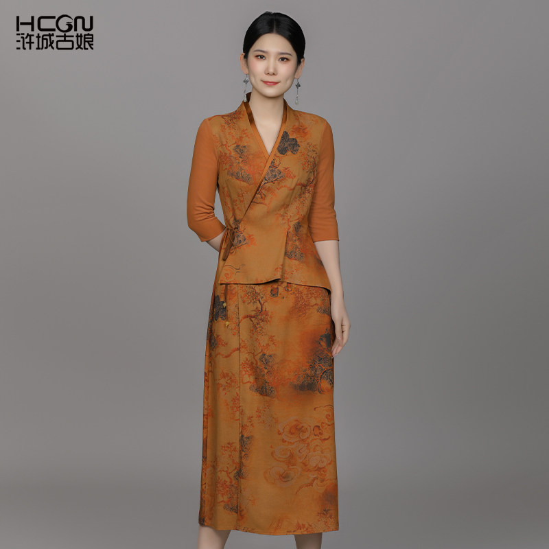 浒城古娘交领系带香云纱连衣裙