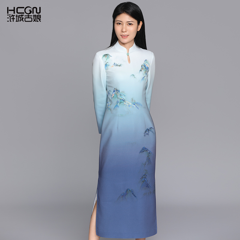 中国风醋酸山水刺绣渐变连衣裙