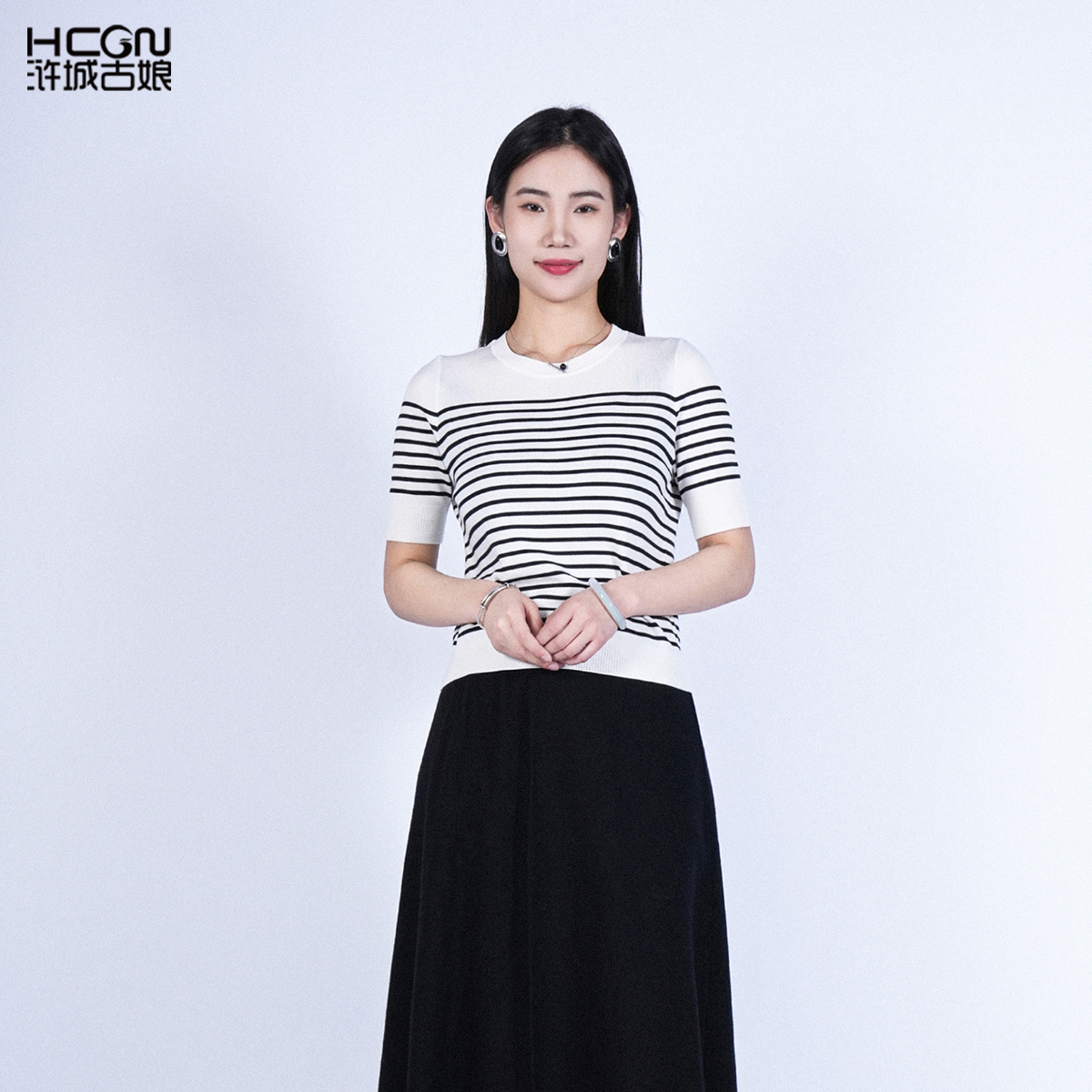 浒城古娘新款气质减龄条纹简约百搭圆领中式国风短袖毛衫上衣女夏
