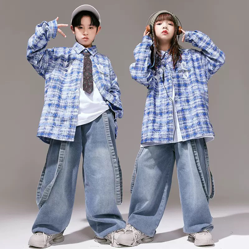 街舞儿童潮服男童嘻哈演出服牛仔马甲走秀套装女童hiphop表演服男