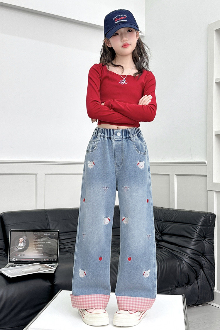 女童牛仔裤春秋款2026新款洋气儿童裙摆裤子中大童春季宽松阔腿裤