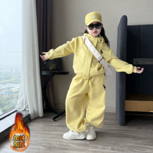 女童春秋冬季休闲洋气加绒加厚卫衣两件套中大童宽松运动套装潮