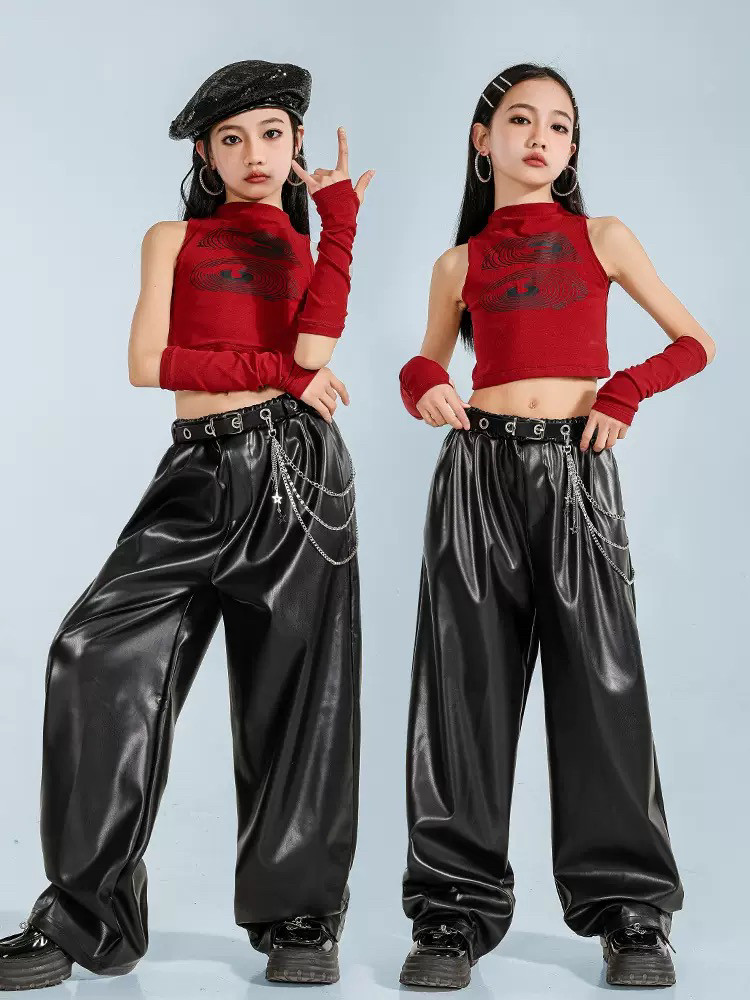 儿童爵士舞服装潮酷时髦背心皮裤套装女童舞蹈服jazz女孩街舞潮服