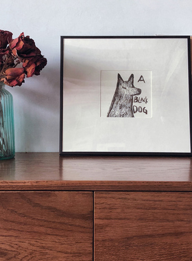 原创手绘黑狗黑猫北欧简约复古ins风格装饰版画进口纯棉活版印刷
