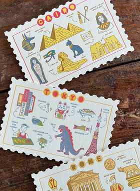 东京埃及开罗意大利罗马地标插画文艺活版印刷贺卡明信片含条码区