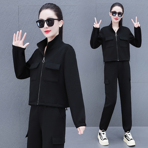 休闲运动服套装女春秋新款时尚气质显瘦立领开衫卫衣阔腿裤两件套