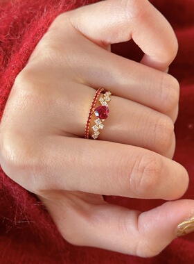 红色宝石爱心形闪钻戒指女士本命年个性高级感精致食指戒新年礼物