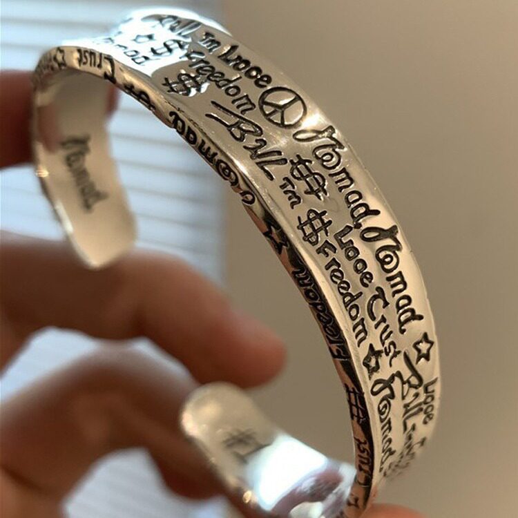 复古涂鸦手镯银饰做旧潮轻奢小众设计高级感个性男女同款情侣手镯