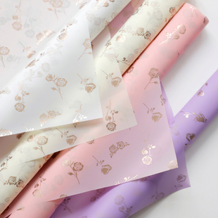 烫金小玫瑰印花防水花艺包装纸蝉翼膜哑光膜花店包装材料多色20张