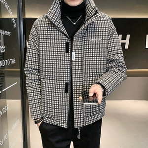羽绒服男士2023新款潮牌帅气格子外套男装加厚保暖立领冬装面包服