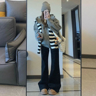 黑色加绒喇叭裤女2025新款秋冬季加厚微喇西装休闲高个子加长裤子