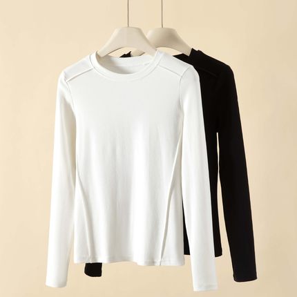 K2639拼接圆领打底衫女春秋冬季紧身鱼骨正肩长袖t恤内搭显瘦上衣