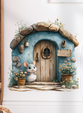 蓝色小房子墙角装饰贴画房门角落美丽可移墙贴老鼠贴画 33472