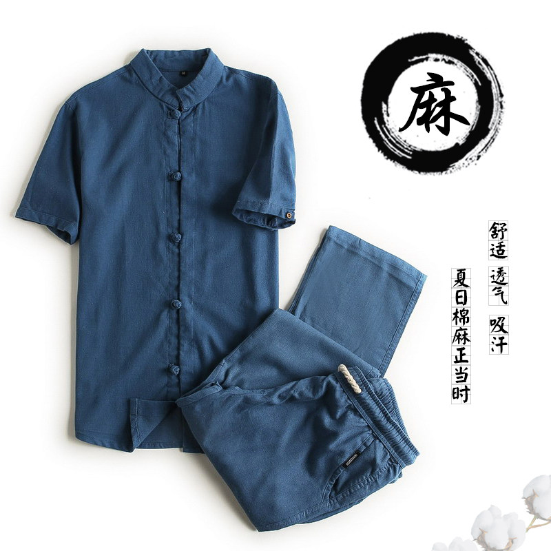 中国风唐装亚麻短袖套装男夏季中青年复古亚麻