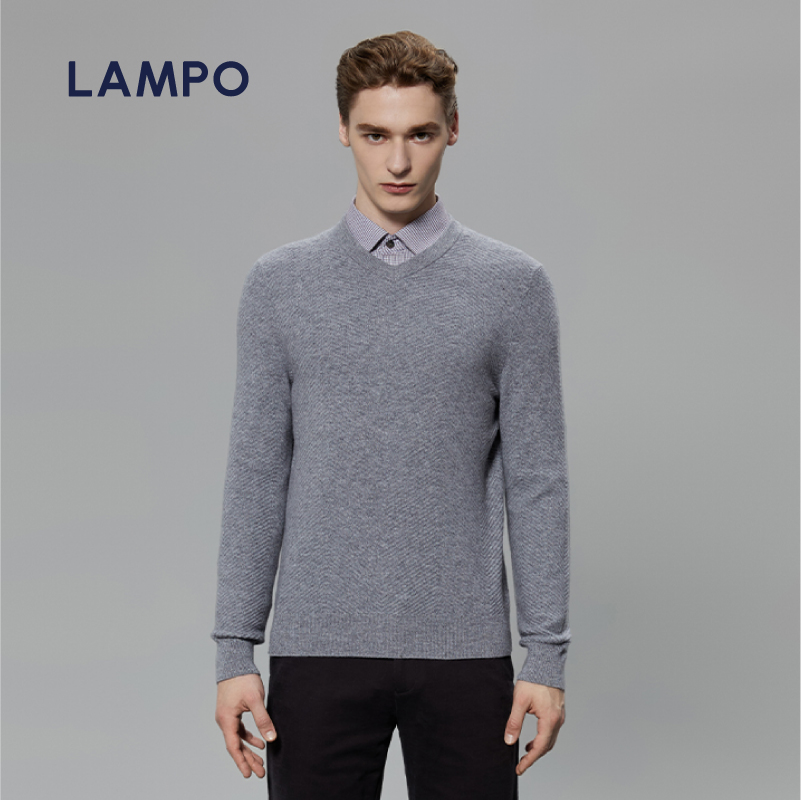 【羊绒】LAMPO/蓝豹男士针织衫V领毛衣条纹商务打底羊绒衫