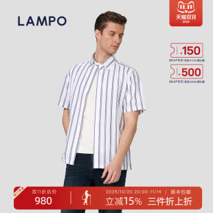 易打理 男士 LAMPO 衬衫 轻商务休闲纯棉衬衣 蓝豹春夏短袖