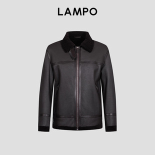 皮衣时尚 蓝豹男士 LAMPO 翻领皮毛一体皮夹克外套 绵羊皮