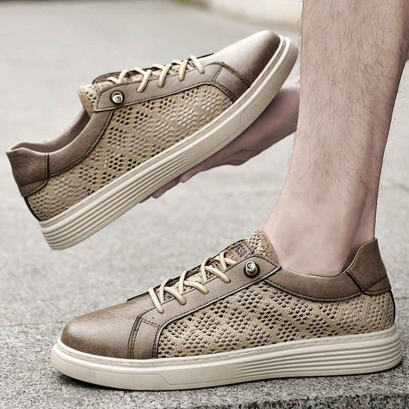 夏季男士增高鞋透气网面休闲板鞋真皮平底鞋潮百搭隐形内增高鞋男
