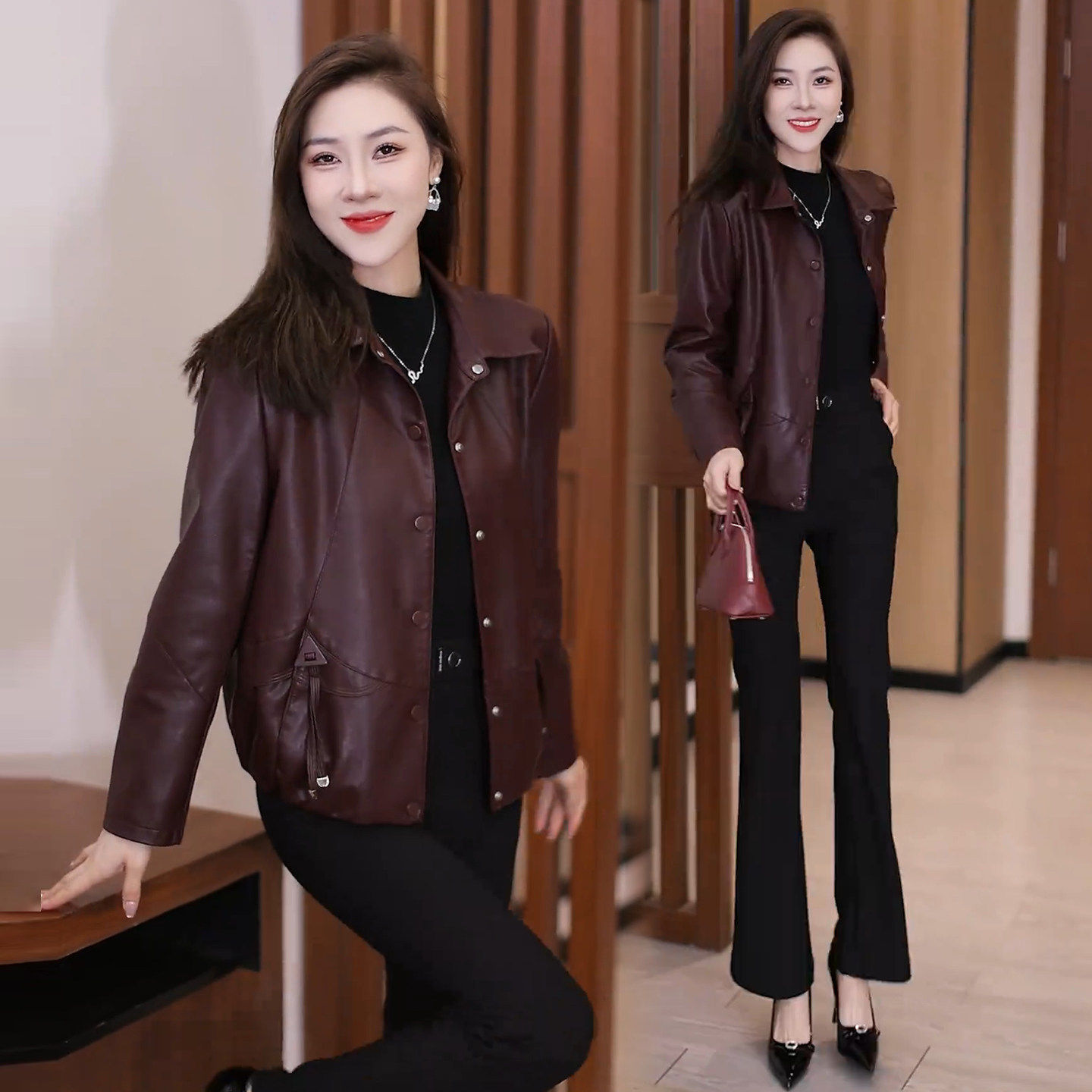 咖啡色女短款PU皮夹克秋冬显瘦