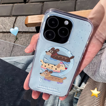 ins蓝色泼墨腊肠狗磁吸Find X8Ultra适用OPPO Reno14/12手机壳A5/X7/X8S+防摔10PRO/13/9/3可爱A58软8/6硅胶1