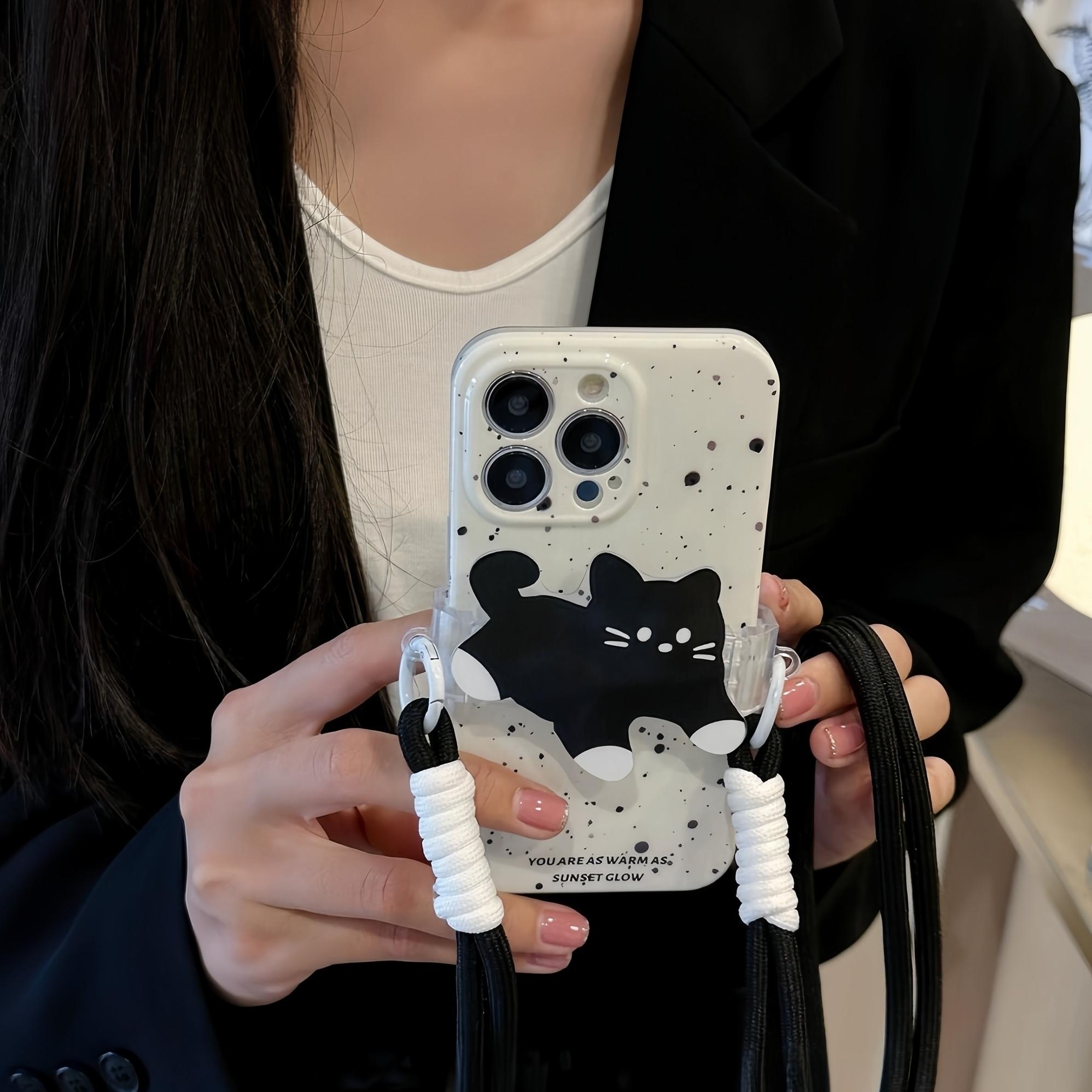 可爱泼墨黑猫背夹挂绳适用OnePlus一加ACE2V手机壳1+ACE3V/9RT卡通8T防摔10PRO竞速版11新款8/1加7女6T全包套