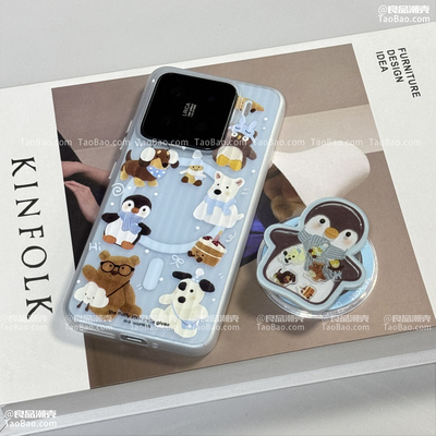 内置磁吸蓝底小企鹅Reno14/13适用OPPO FindX8ultra手机壳Find X7无线充电X6带支架X8S+光栅女趣味创意摇摇乐