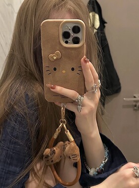 棕色皮革可爱大脸kitty猫立体蝴蝶结适用MATE80华为NOVA13手机壳Pura 70PRO+贴皮11/12女10/50/40E/P60/7/9/8