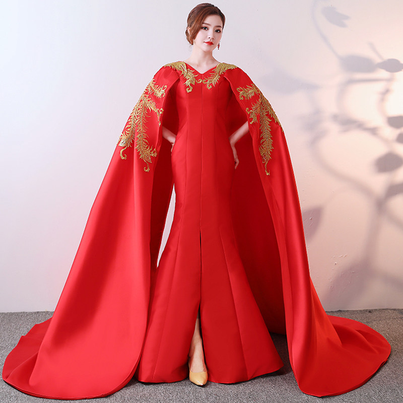 新款2025走秀服装精婚纱中国风红色中式复古走秀拍照披风绑带礼服