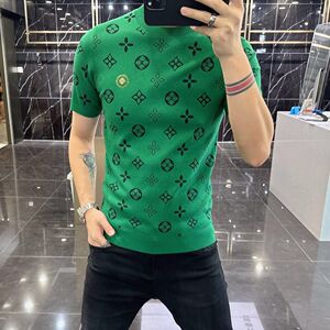 2024欧货时尚短袖男夏秋季新款潮牌字母提花修身圆领针织打底T恤