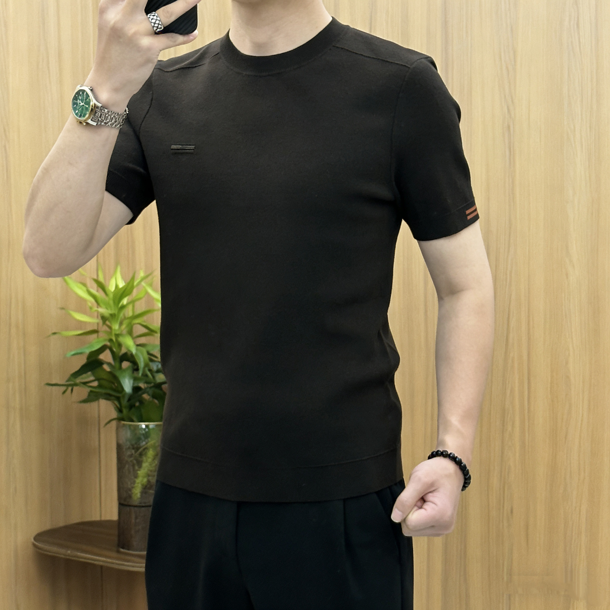 1828 2026简欧轻奢男士针织冰丝短袖T恤烫钻时尚百搭夏秋半袖上衣
