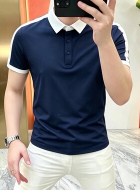 2026新款简欧男士短袖T恤POLO夏季休闲拼色半袖体恤潮流男装F7309